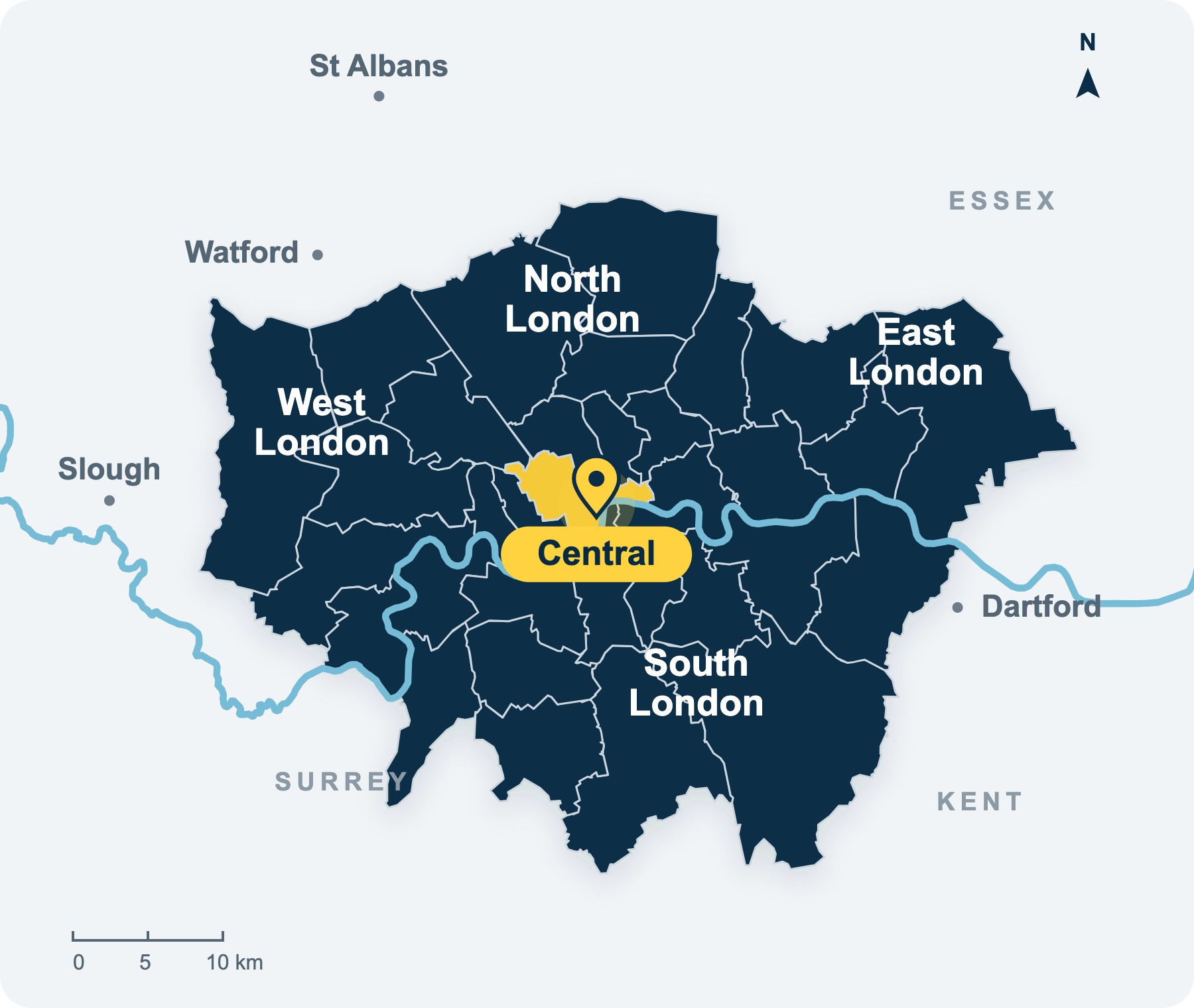Greater London borough boundaries, the River Thames and surrounding towns