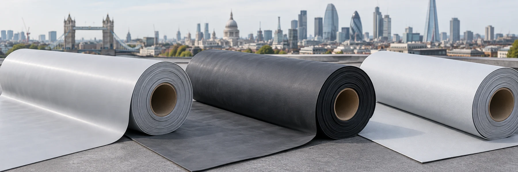 Illustration of PVC, EPDM and TPO membrane rolls