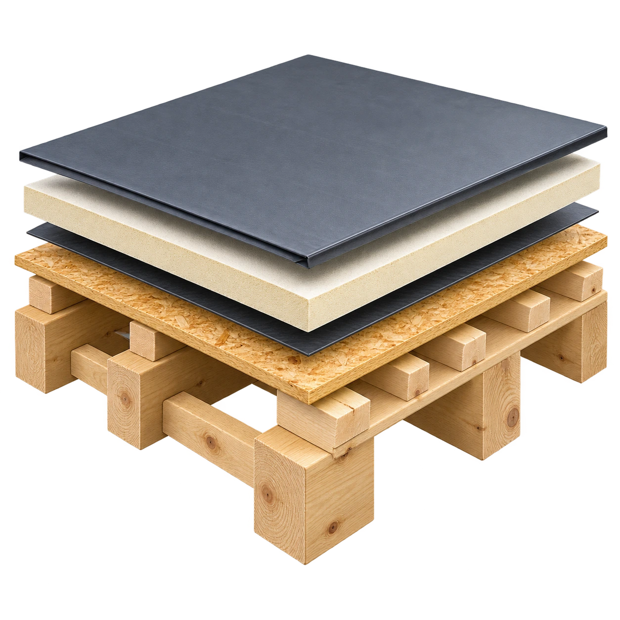 Exploded single-ply warm roof showing membrane, insulation, air and vapour control, deck, firrings and joists