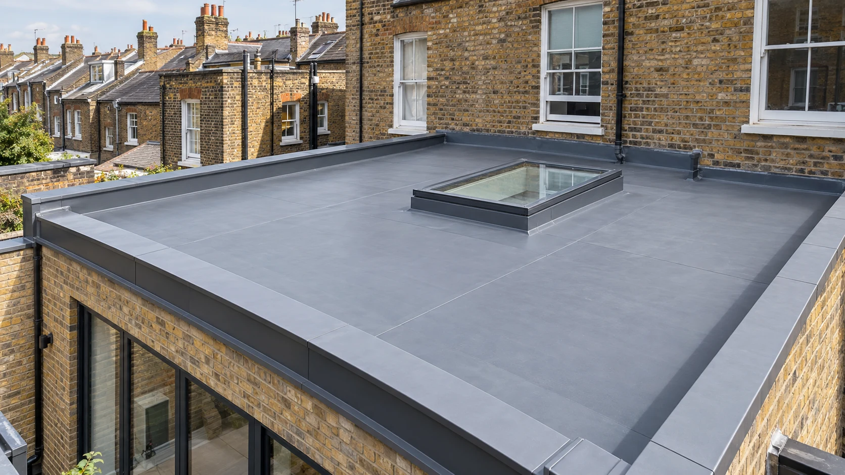 Visualisation of a grey flat-roof extension to a London-style brick terrace