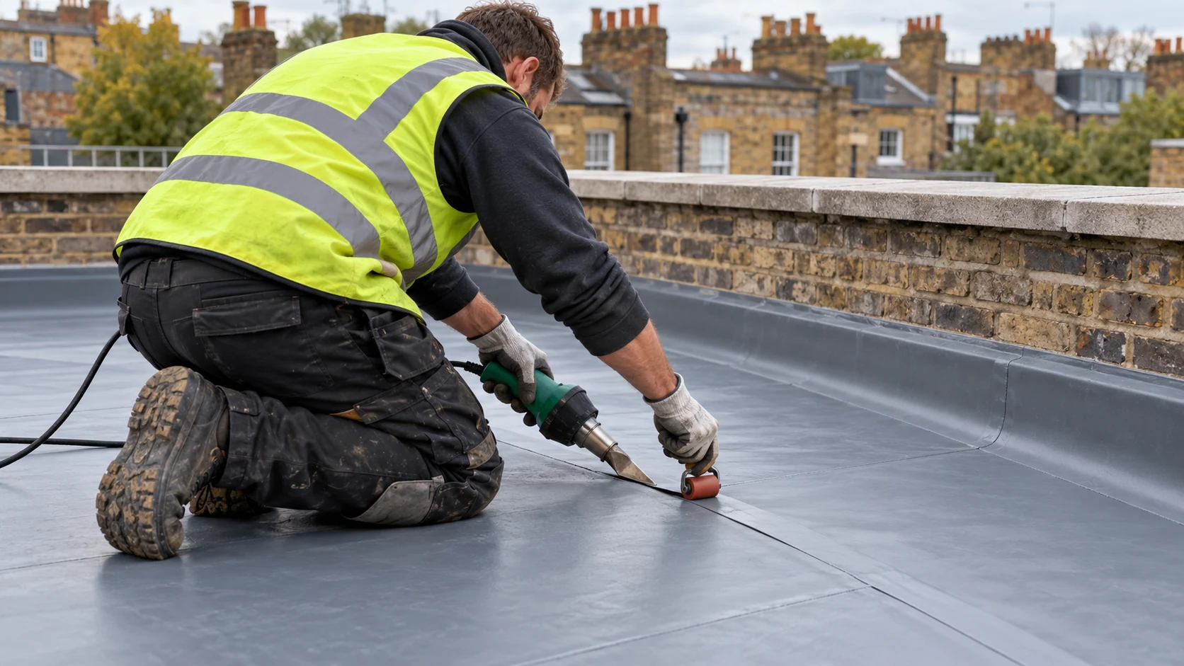 Visualisation of a roofer hot-air welding a single-ply membrane at a protected roof edge