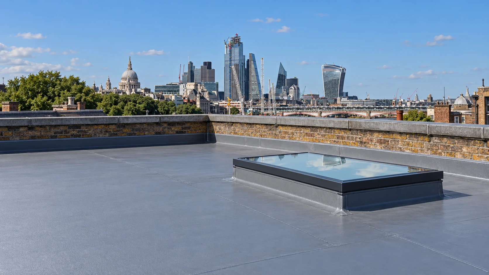 Visualisation of a finished single-ply flat roof with rooflight and a London skyline backdrop